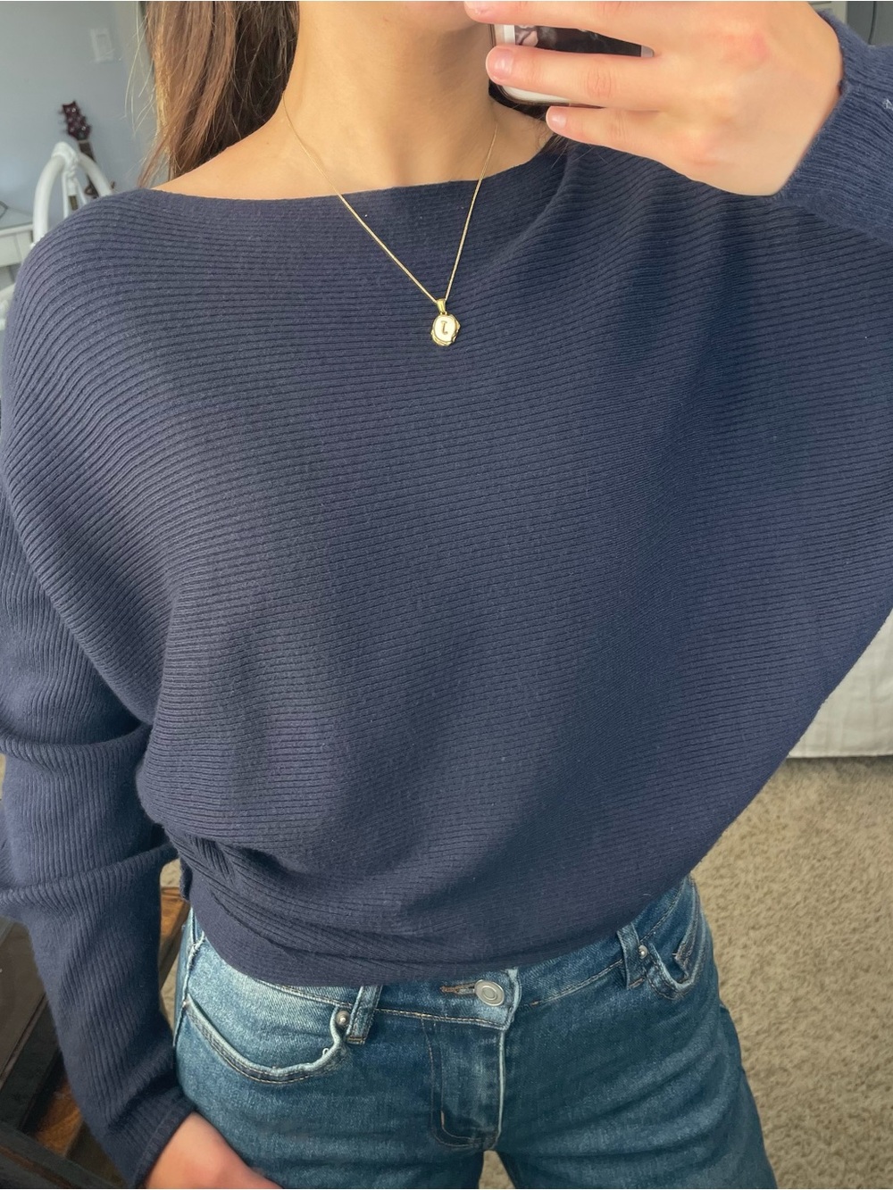 Navy Boat Neck Ribbed Sweater